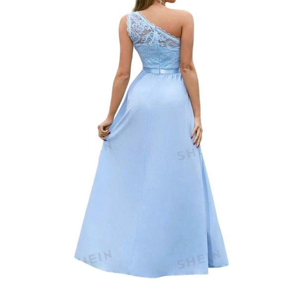 Shein One Shoulder Lace Bodice Formal Maxi Dress Light Blue Elegant M - Picture 2 of 9